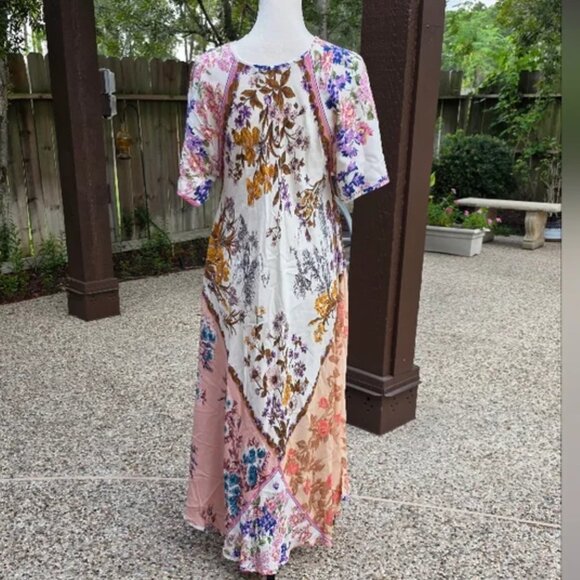 Zara Floral Patchwork Maxi Flowy Sleeve Romantic Boho Dress M - Picture 6 of 8